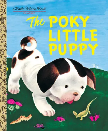 The iconic cover of The Poky Little Puppy, featuring a curious puppy with a mischievous expression.