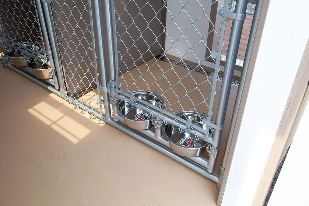 The interior of a clean and insulated dog kennel, showing the glassboard lining, poly-urea coated floor, and a plexiglass dog door.