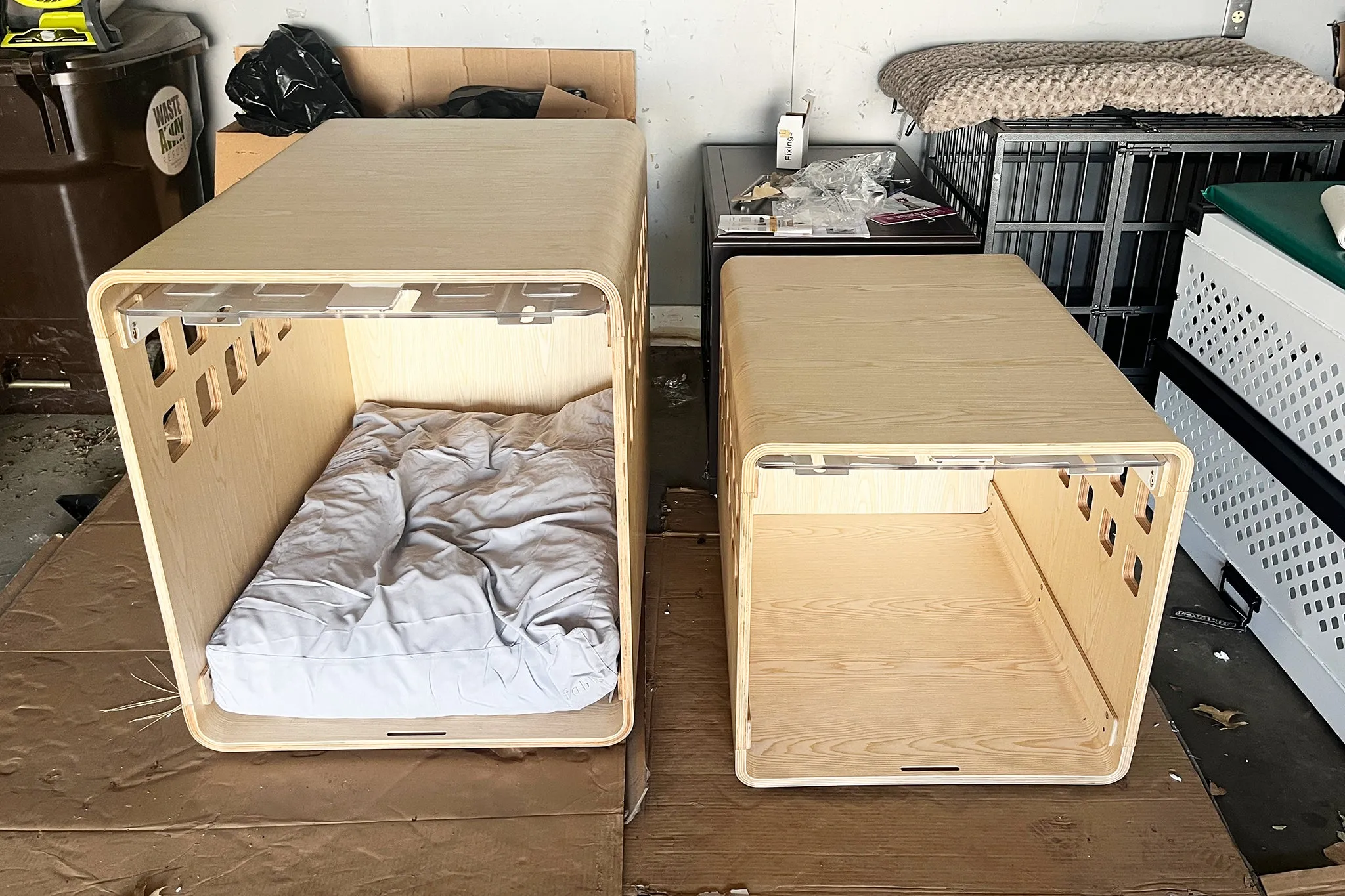 The large version of the Fable Crate, shown next to the medium version and surrounded by a few other crates that were used in testing.