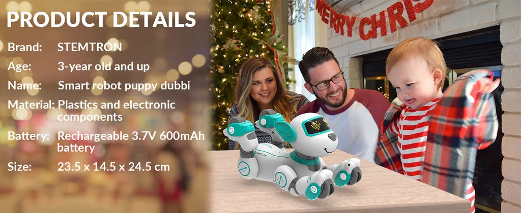 The STEMTRON robot dog standing on its hind legs, performing a dance move with its front paws in the air