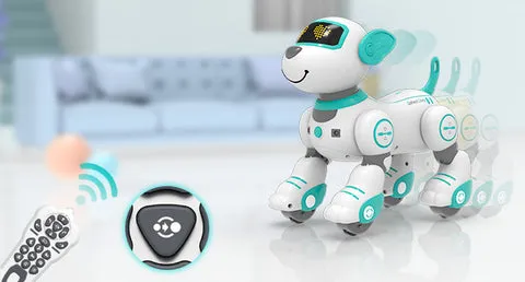 The STEMTRON robot dog with its remote control, demonstrating its follow mode as it walks behind a child's feet