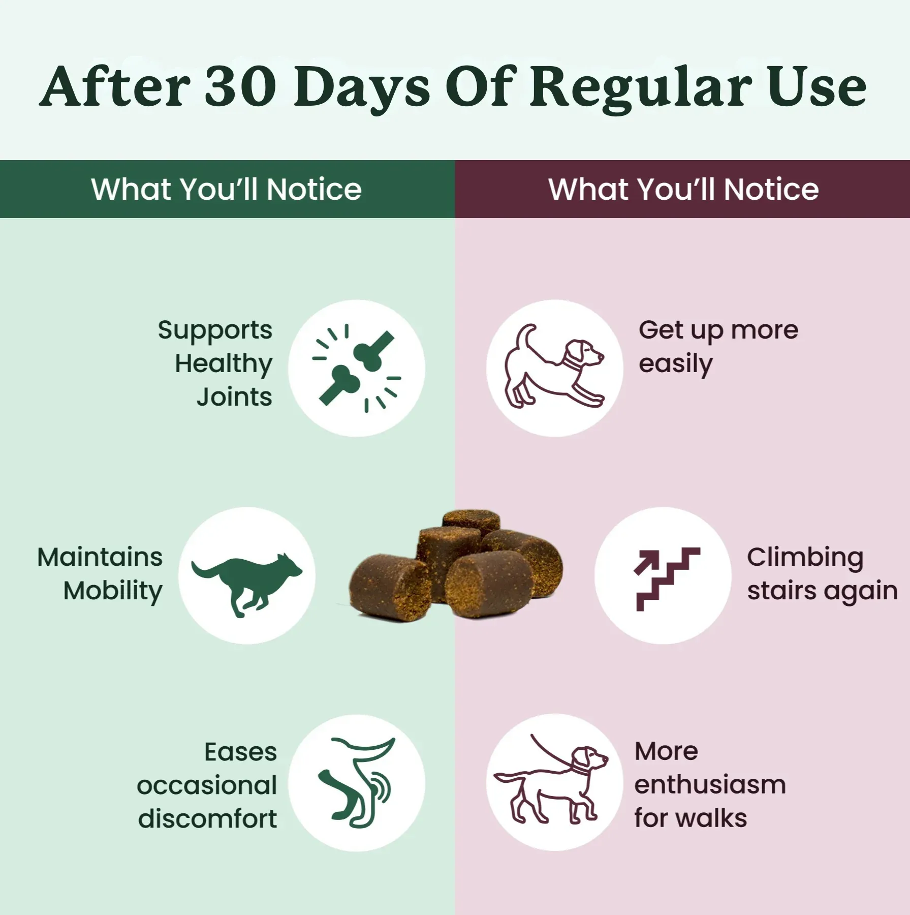 This image describes the benefits of Lolahemp hip & joint chews after 30 days
