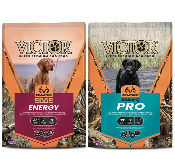 Three bags of Victor Realtree dog food