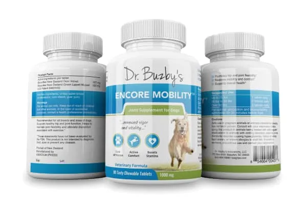 Three bottles of Encore Mobility, a joint supplement for dogs, recommended by Dr. Buzby