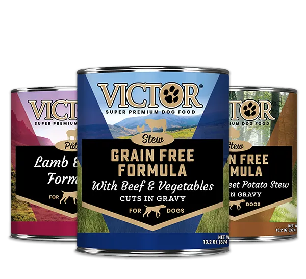 Three cans of Victor Canned Dog Food