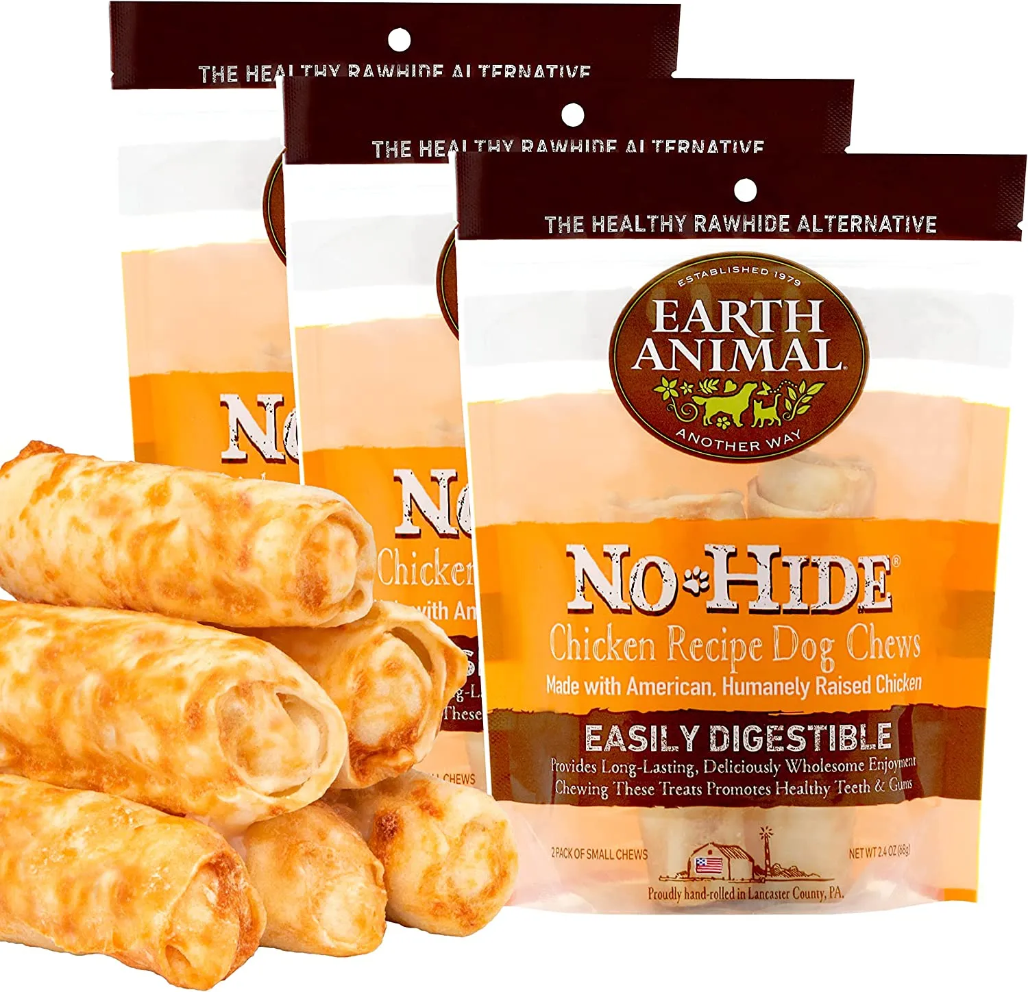 Three Earth Animal No-Hide chews in various sizes, appearing like rawhide but made from safer ingredients