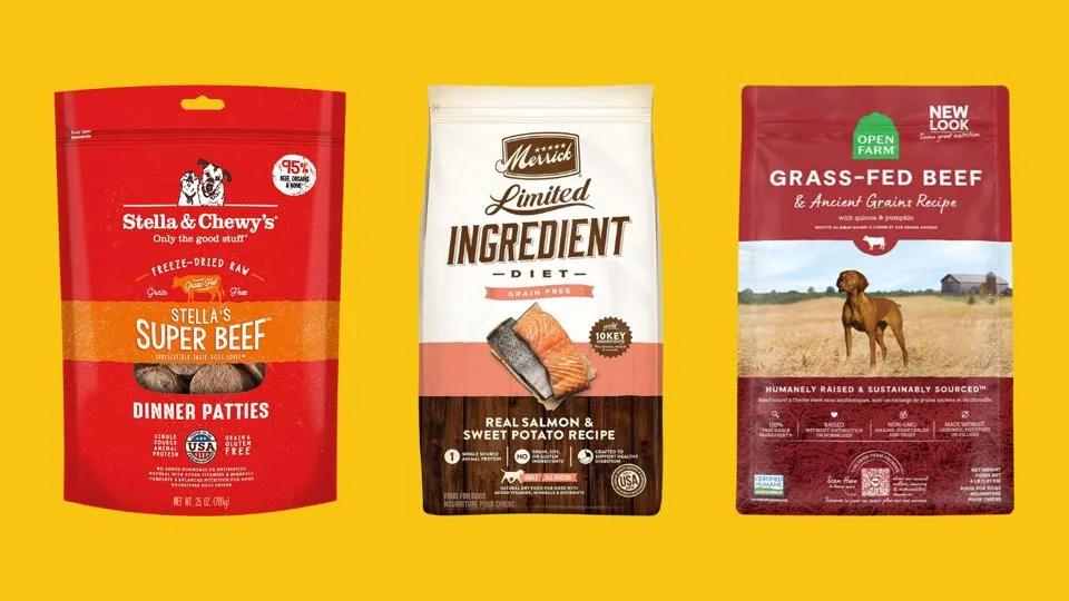Three of the best dry dog food brands as recommended by holistic vets featured against a yellow backdrop.
