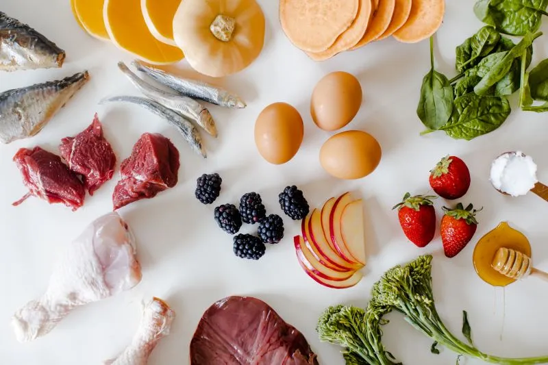 Variety of raw meats, fresh vegetables, and fruits laid out for a balanced dog diet