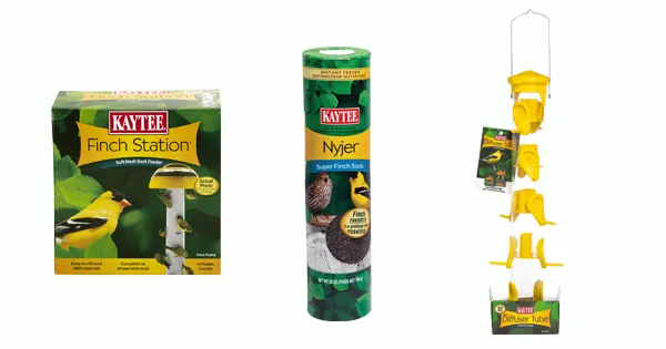 Various bird feeders designed for attracting wild finches including tube and sock styles