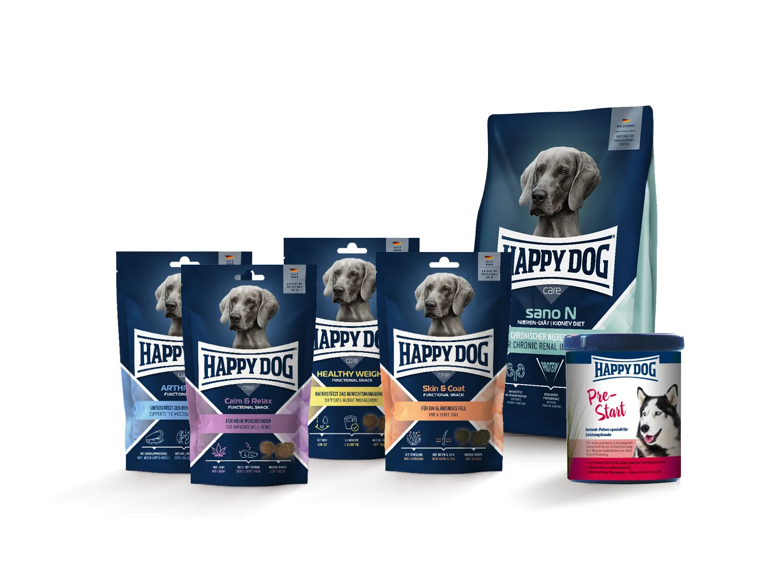 Various specialized dog food and functional snack products arranged together on a neutral background.