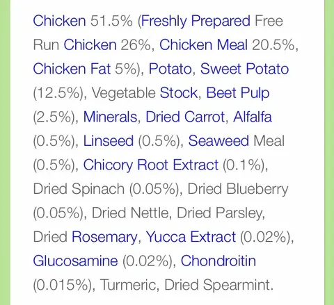 Wainwright's free run premium dog food label showing potato and vegetable ingredients