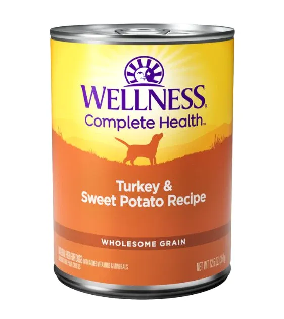 Wellness Complete Health Turkey and Sweet Potato canned dog food, a highly recommended wet food option for adult dogs.