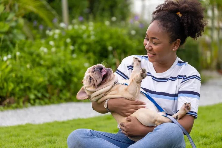 Young woman sitting in the grass, gently holding her French Bulldog.