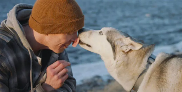 Yu'pik, the dog from "The Year of the Dog," comforting Matt in a snowy landscape.