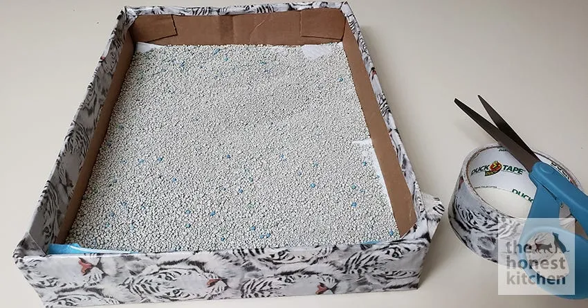 A close-up of the cardboard litter box showing how to place the potty pad and litter.
