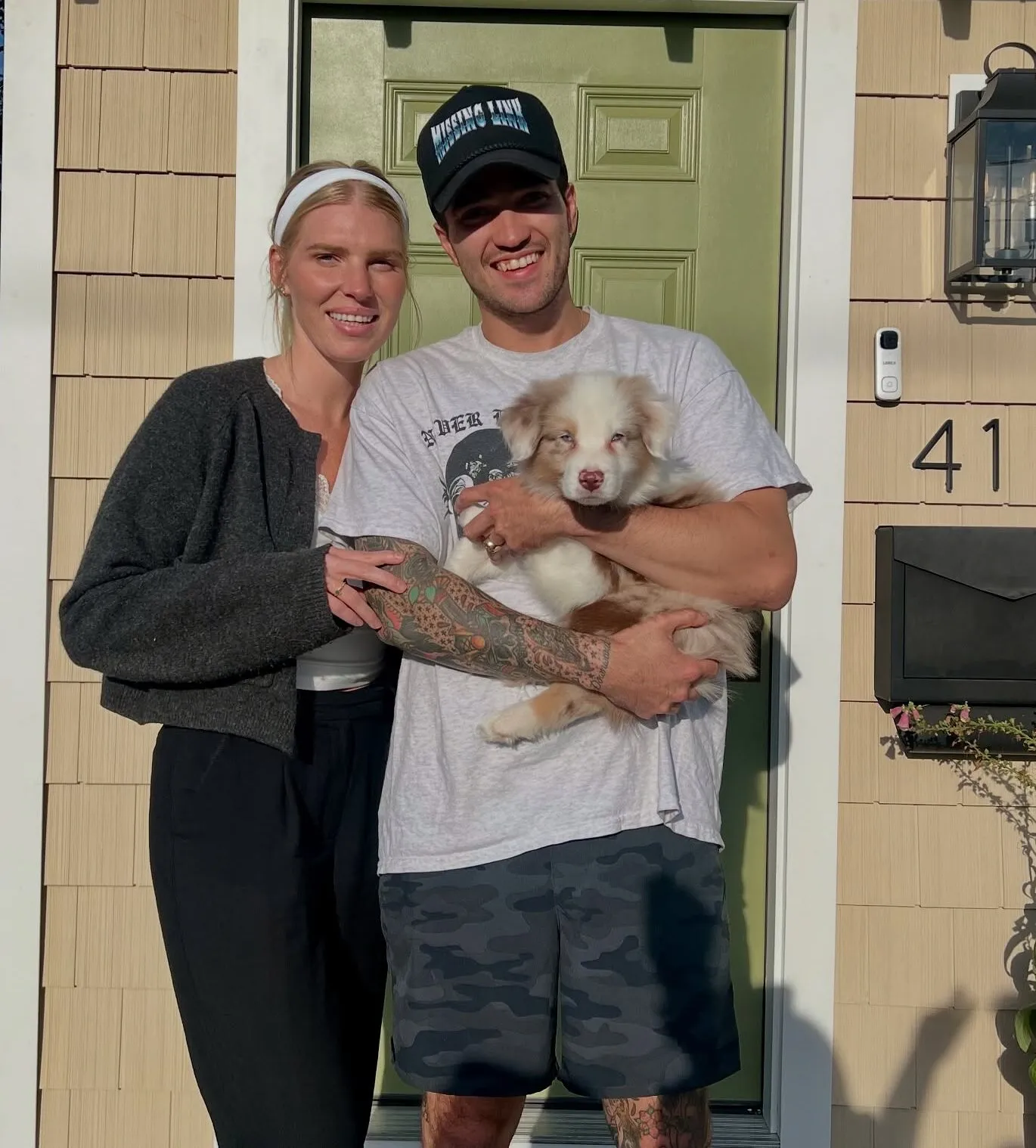 A collage of happy families with their Australian Shepherd puppies.