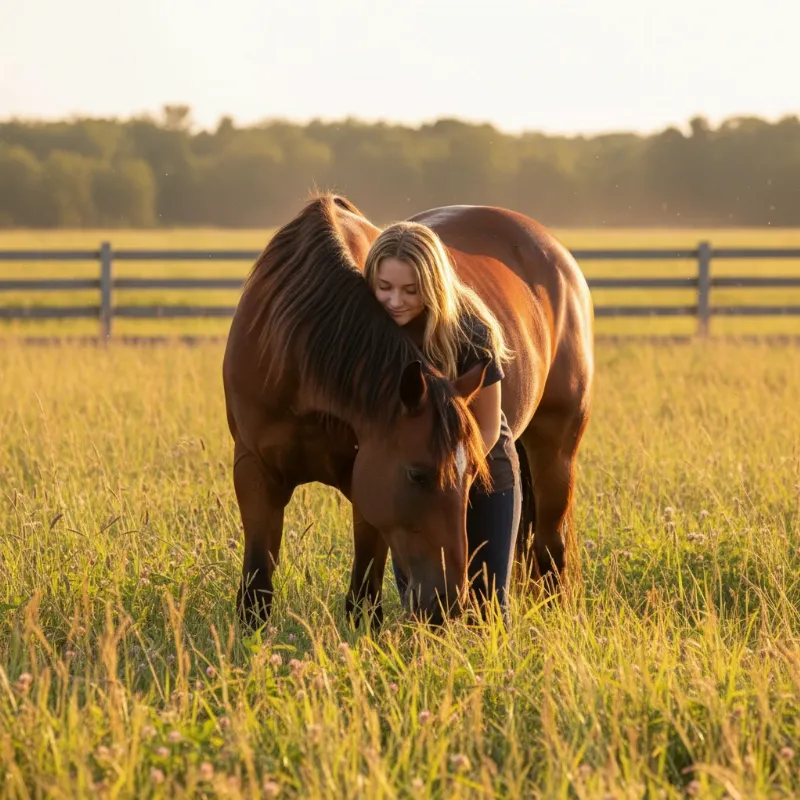 A young girl smiling as she hugs her beautiful brown horse in a sunny pasture, representing the friendship in a horse story 2016.