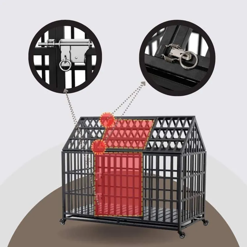 A Great Dane standing comfortably inside a spacious, heavy-duty dog crate with a pitched roof.