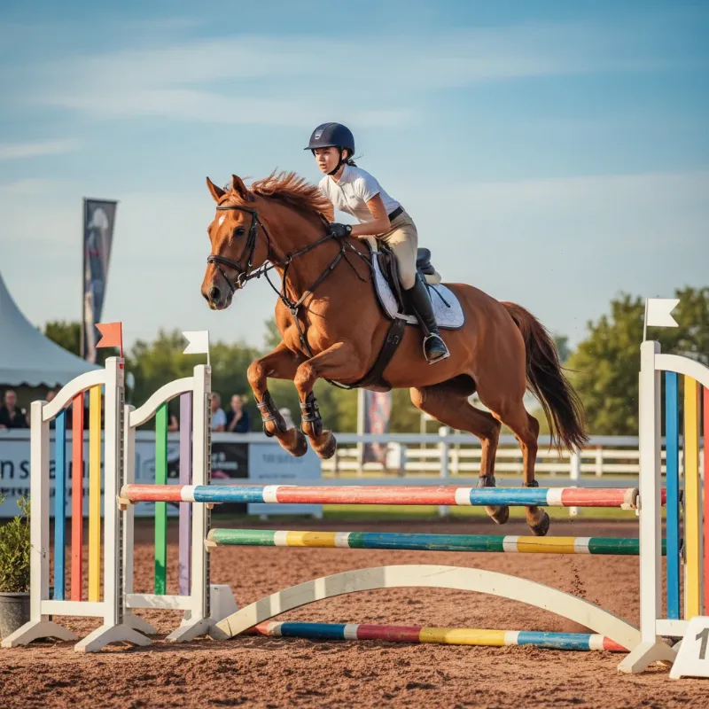 A girl leading her horse over a small jump in an arena, symbolizing the teamwork theme in a horse story 2016.