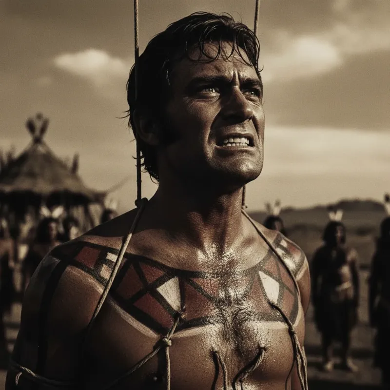 A cinematic still from the 1970 film A Man Called Horse, showing the protagonist during the intense Sun Dance ceremony, a focal point of the movie's authenticity debate.