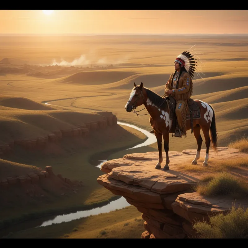 Alt-text: A warrior on horseback looking out over a vast prairie at sunrise, symbolizing the a man called horse short story theme of finding a new identity and belonging.