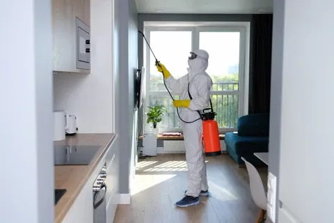 A person in protective gear treating a surface with disinfectant, a scene related to pest control.
