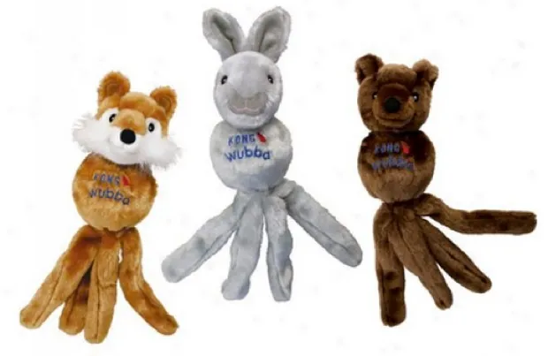 A plush dog toy with dangling parts