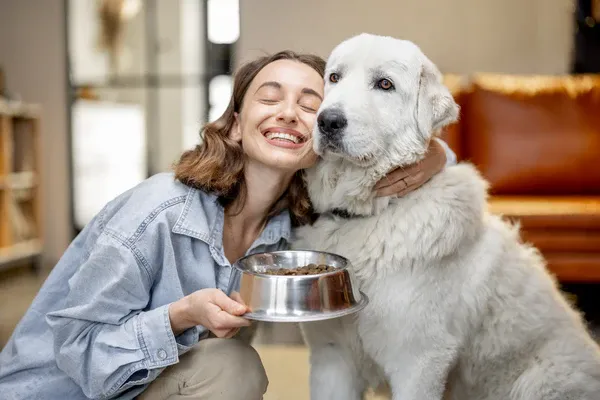 A smiling woman hugging a large white fluffy dog while holding a food bowl
