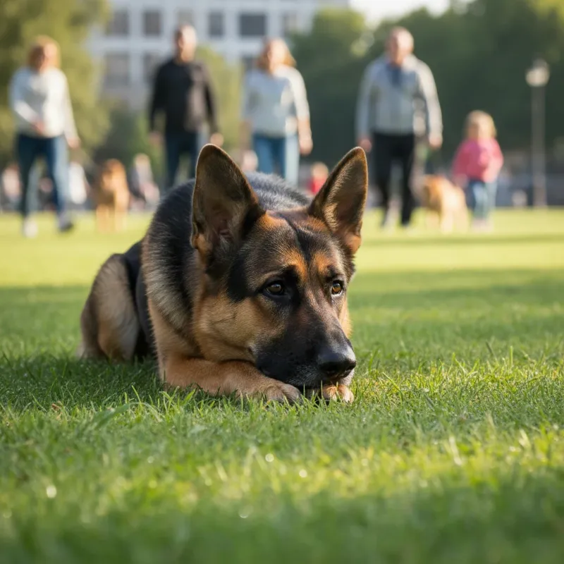 A German Shepherd executing a perfect 'stay' command off-leash in a busy Colorado park, demonstrating the high level of discipline found in trained dogs for sale Colorado.