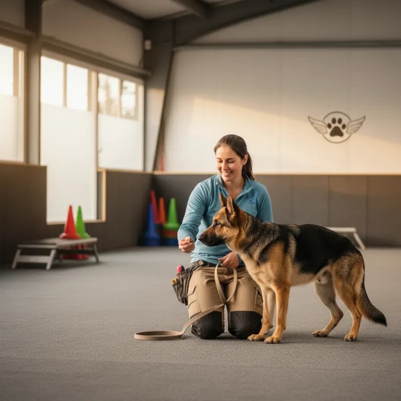 Professional dog trainer working with an aggressive dog using positive reinforcement techniques