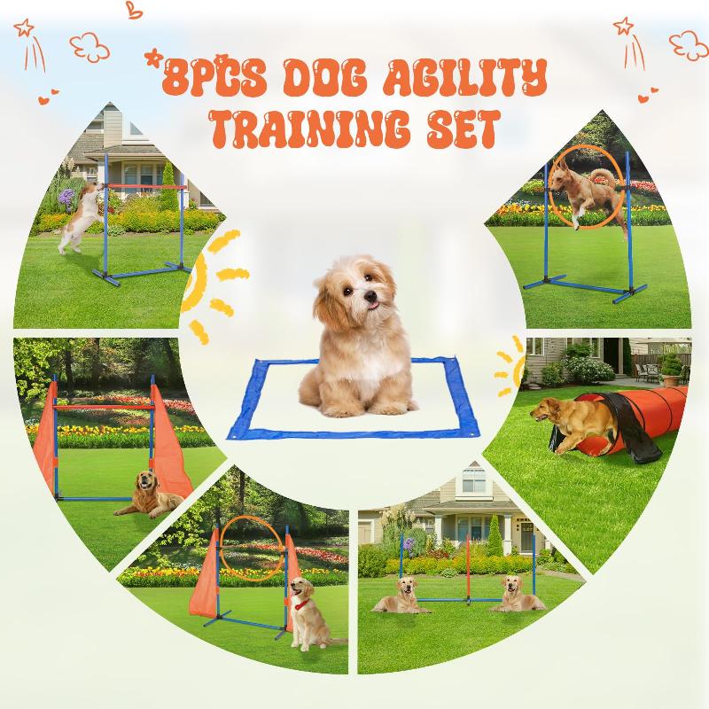 A dog happily navigating a homemade agility course in a backyard, with colorful obstacles like tunnels and low jumps.
