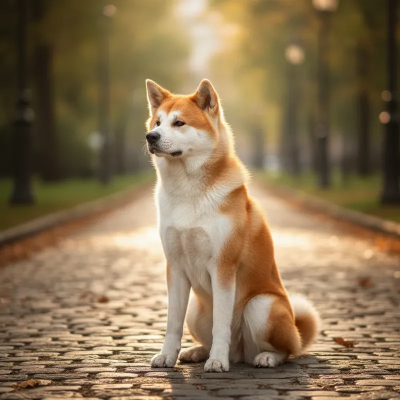 An expressive Akita dog with a loyal and patient look in its eyes, waiting faithfully outdoors, embodying the spirit of the dog waits at the train station movie. The dog is the central focus, with a slightly blurred, warm background.