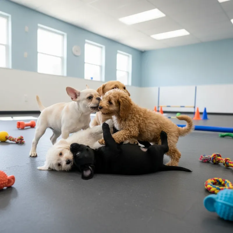 A diverse group of puppies playing and socializing in a clean, indoor training facility in Akron, Ohio.