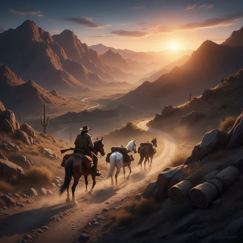 An image depicting two rugged horses and a rider traversing a vast, dramatic landscape, conveying a sense of a long and arduous journey for an article about amazing horse stories.