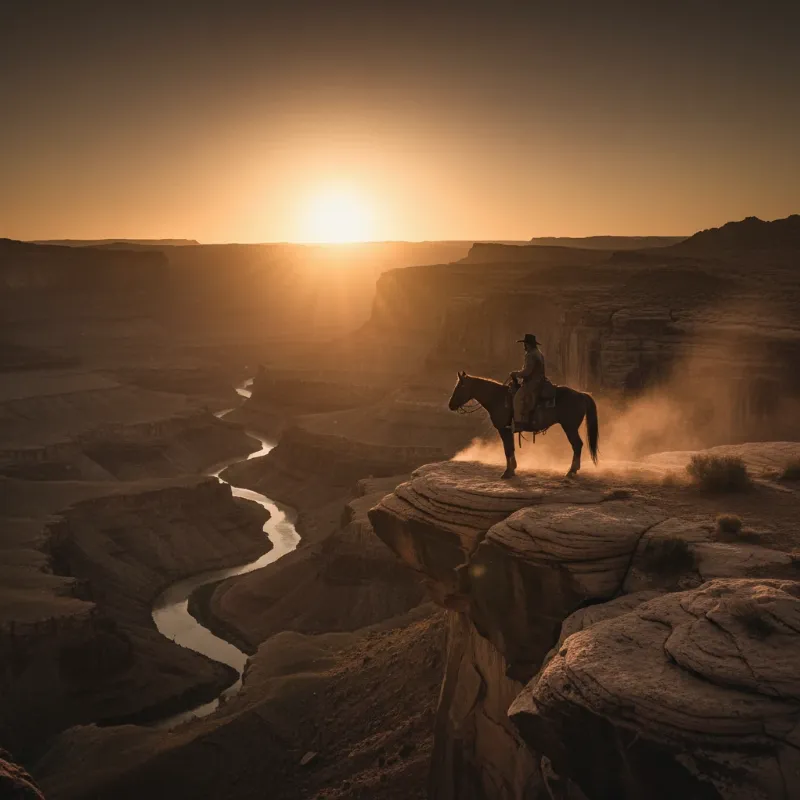 An evocative american horse short story scene with a lone rider on a horse overlooking a vast canyon.