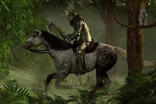 An armored medieval knight rides his horse through a dense forest.