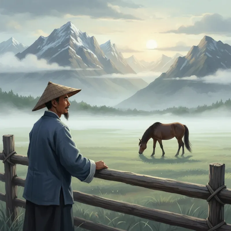 A serene digital painting of an old Chinese farmer standing by a wooden fence, gazing thoughtfully at a single horse in a misty, mountainous landscape, perfectly capturing the essence of the lost horse story.