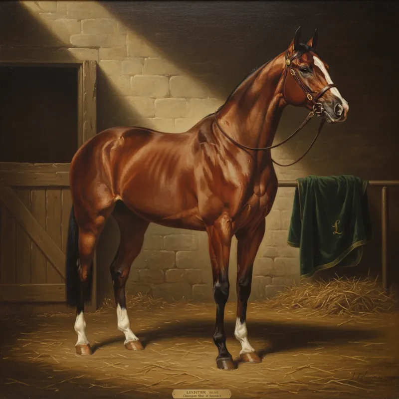 An antique oil painting of the famous 19th-century racehorse Lexington, capturing his powerful build and noble spirit in a classic equestrian style.