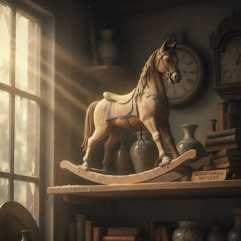A dusty, forgotten toy horse on a shelf in the Second Chance Antiques store from Toy Story 4, with cinematic lighting and shallow depth of field.