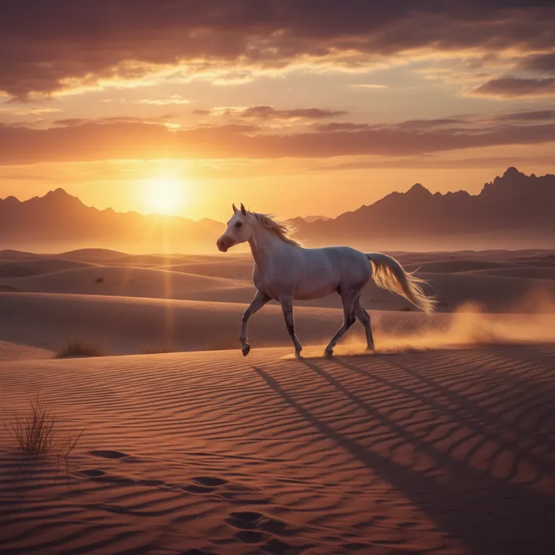 A majestic white Arabian story horse standing proudly in the desert with flowing mane and tail, embodying its ancient heritage.