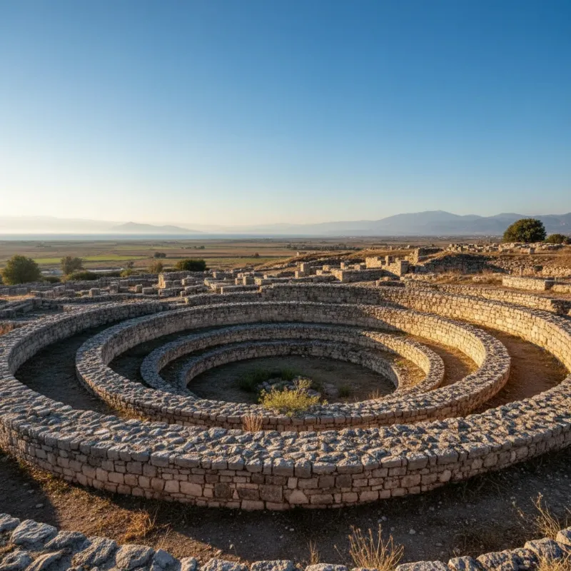An alt text showing the archaeological ruins of Hisarlik, the site of ancient Troy, connecting to the origin of the Trojan Horse story.