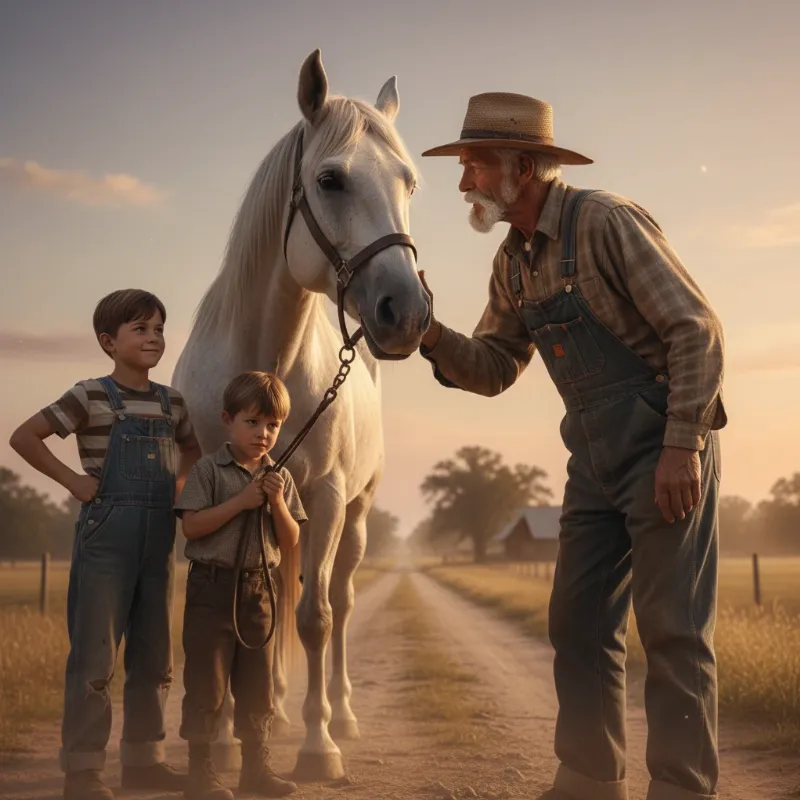 An alt text for an image showing an older Armenian farmer gently inspecting a white horse held by two young boys, relevant to the 'the summer of the beautiful white horse story summary' climax.