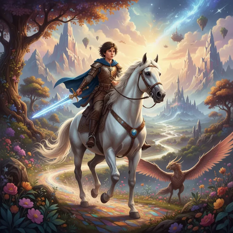 A cinematic shot of a brave young warrior riding a magnificent white horse across a vast, fantasy landscape, symbolizing their epic quest. The mood is determined and hopeful.