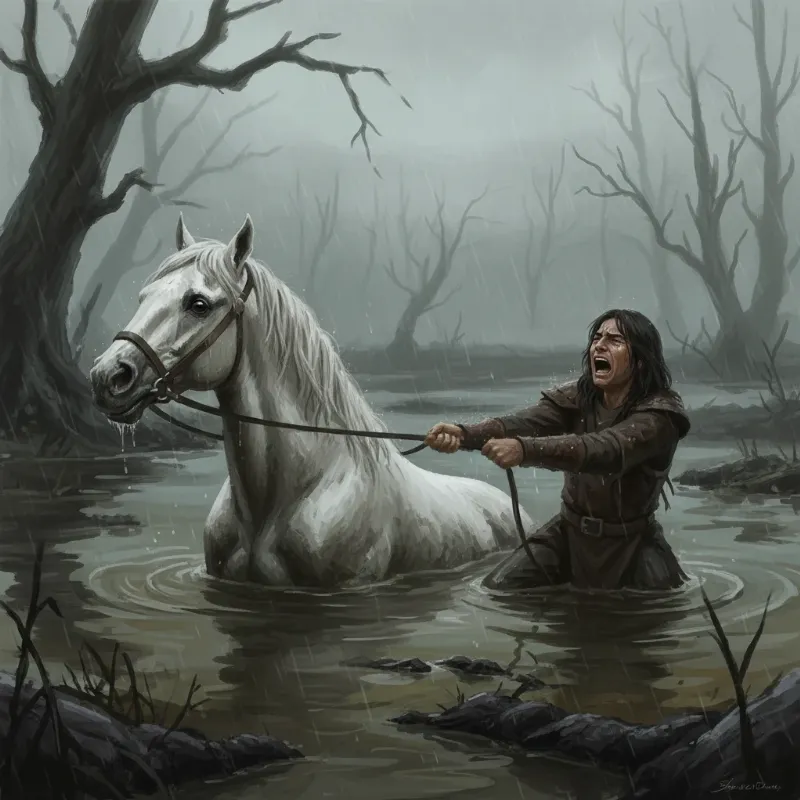 The memorable scene of the horse Artax sinking in the Swamp of Sadness, illustrating the theme of despair in The Neverending Story.