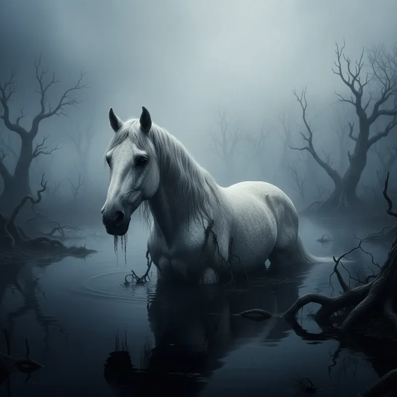 The memorable horse from The NeverEnding Story, Artax, standing bravely in a murky, sorrowful swamp.