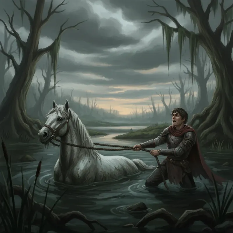 A cinematic shot showing how the horse died in The NeverEnding Story, with Artax sinking into the murky Swamp of Sadness as Atreyu pleads with him.