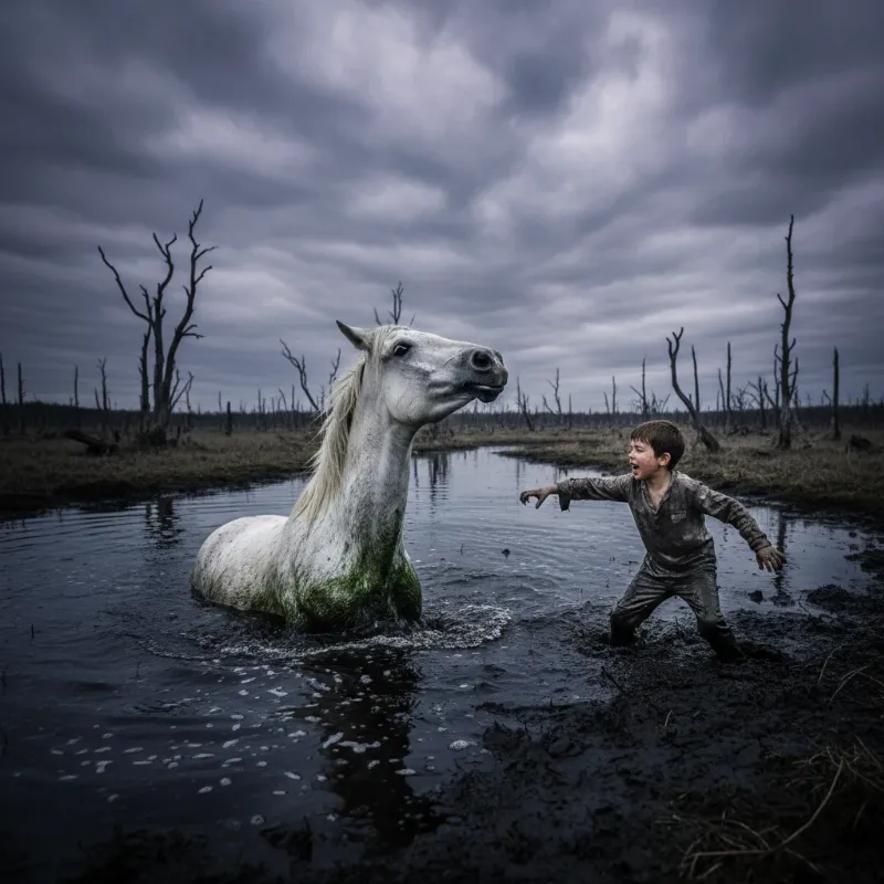 The iconic and tragic scene from The Neverending Story where the horse Artax sinks in the Swamp of Sadness, a powerful visual representation of despair and a key part of the horses name in the neverending story narrative.