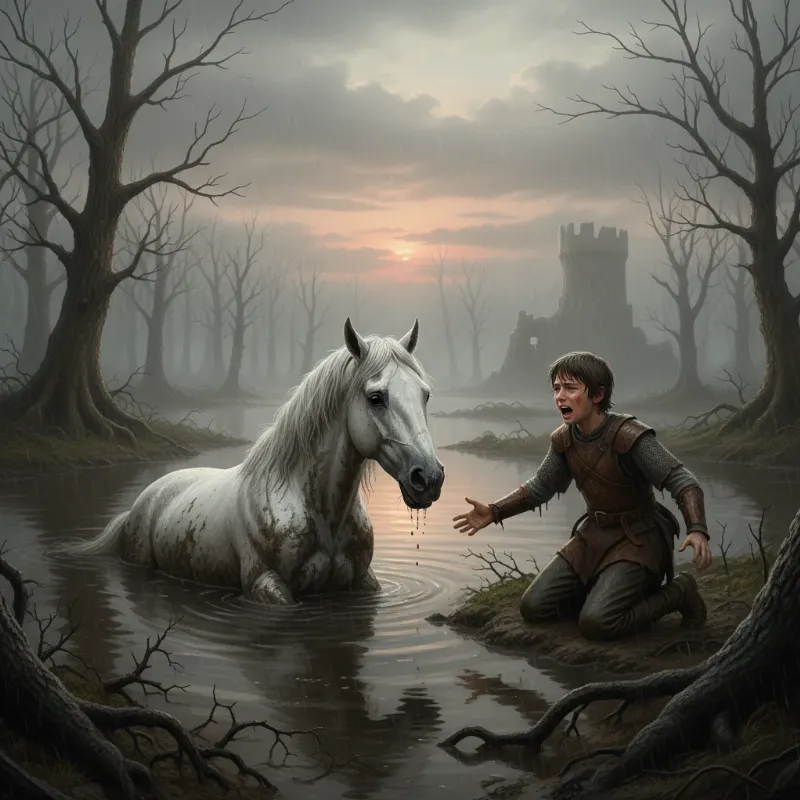 The iconic scene where the horse in Neverending Story died, with Atreyu desperately trying to save him.