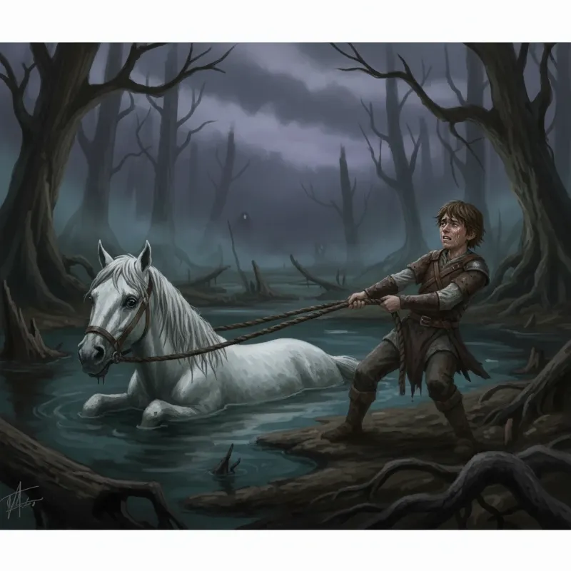A depiction of the horse Artax in the Swamp of Sadness, addressing the question of does the horse come back in The Neverending Story.