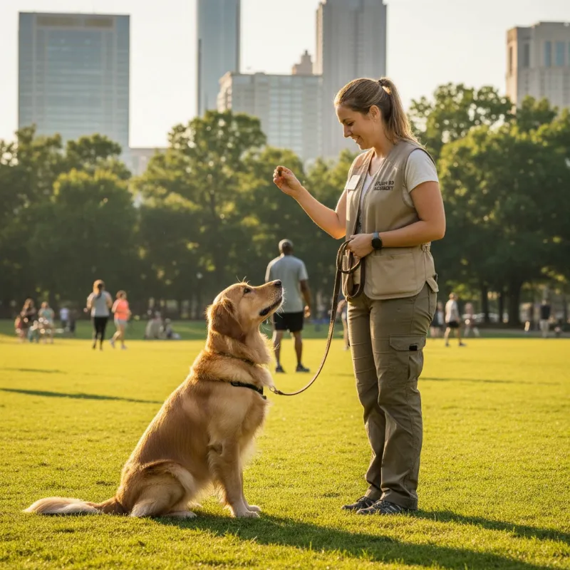 A professional dog trainer in Atlanta working with a Golden Retriever service dog candidate in a park setting, demonstrating leash control and focus. The trainer uses positive reinforcement methods.